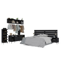 Manhattan Comfort 153GMC2 Rockefeller 7-Piece Bedroom Set with Headboard, Nightstand, TV Stand, Shoe Storage and Floating Hanging Shelves in Black